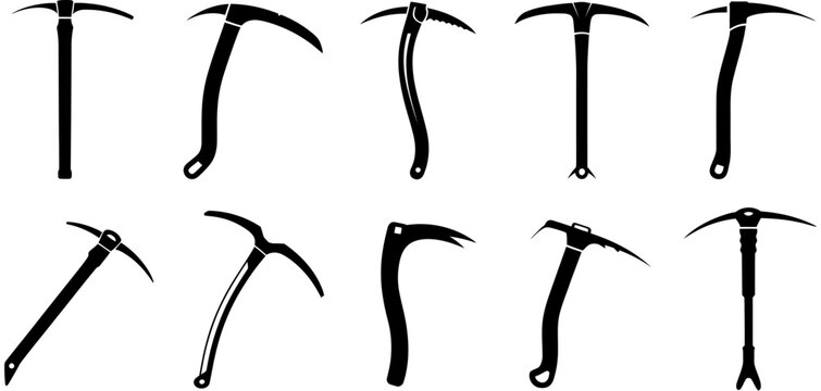 Collection of Black Silhouette Vector Illustrations of Climbing Ice Picks for Outdoor Adventure and Winter Sports Equipment Icons Set Mountaineering Alpinism Hiking Tools Design Elements