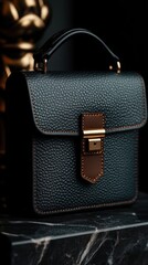 Dark teal leather satchel bag with gold hardware.