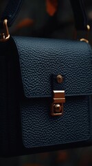 Close-up of a dark navy blue leather crossbody bag.