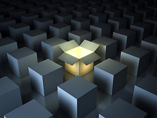 A glowing cube standing out in a sea of gray cubes