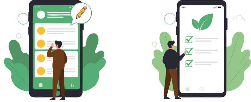 Flat vector illustration of people interacting with mobile app interfaces featuring a todo list with checkmarks and a social media profile layout with edit icon.