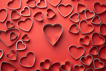 A collection of metallic heart cookie cutters on a vibrant red background