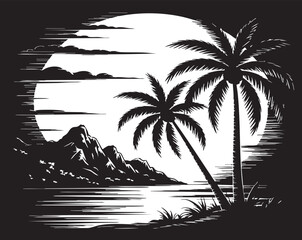 Monochrome tropical island scene with palm trees, ocean, and mountains against a full moon backdrop, creating a serene silhouette illustration