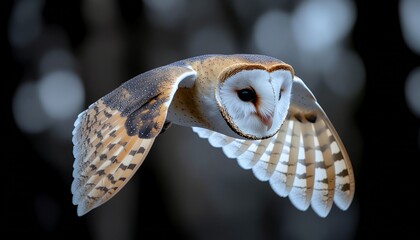 Barn owl flying silently through a dark forest, captured midair with spread wings, showcasing nocturnal wildlife, precision hunting, and natural elegance.