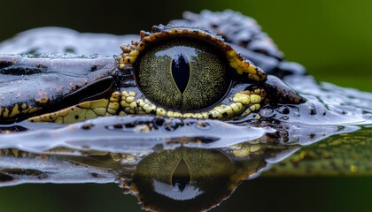 Extreme close-up of a crocodile eye emerging from water, revealing texture, reflection, and the intense gaze of a powerful reptile in its natural habitat.