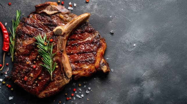 A large piece of grilled steak sits on a dark stone surface. Fresh herbs and spices surround the meat. Red chili is present adding color to the scene. - Powered by Adobe
