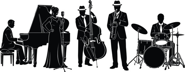 azz band silhouette illustration, musicians performing piano bass saxophone drums, vintage music ensemble vector, black and white design art collection © Itz Julfikar Here