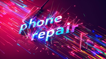 The image presents a three-dimensional neon sign that spells out "Phone Repair" in bold, stylized letters that emit a glow. The sign appears against a dark background, with streaks of colorful light