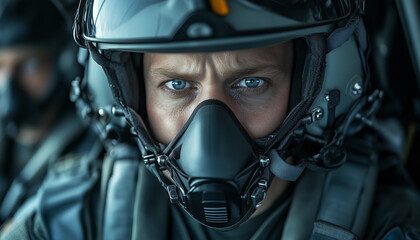 Fototapeta premium Close-up pilot face in fighter jet cockpit wearing oxygen mask. Intense blue eyes focused ahead, ready for flight mission. Second pilot