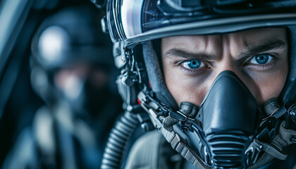Fototapeta premium Close-up pilot face in fighter jet cockpit wearing oxygen mask. Intense blue eyes focused ahead, ready for flight mission. Second pilot