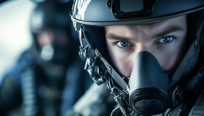 Fototapeta premium Close-up pilot face in fighter jet cockpit wearing oxygen mask. Intense blue eyes focused ahead, ready for flight mission. Second pilot