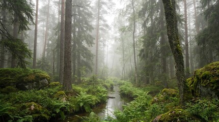 Fototapeta premium Misty forest with stream and ferns trees