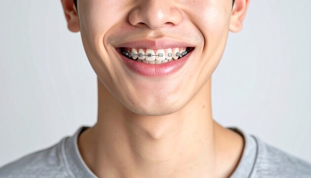 Close-up of a smiling young man with clear ceramic braces, highlighting modern orthodontic treatment, healthy teeth alignment, confident smile, and professional dental care.