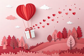 A romantic paper cut heart balloon delivers a gift box over a lovely red and pink landscape
