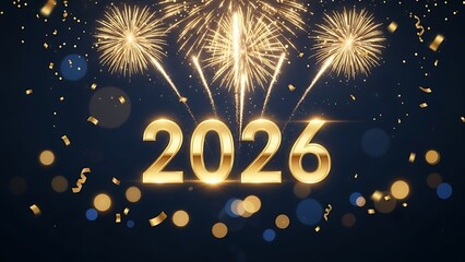 Vector illustration of a happy 2026 new year celebration card featuring holiday fireworks and stars on a winter night to celebrate the eve with a festive greeting design