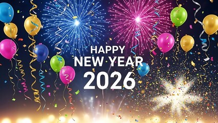 Happy New Year celebration background featuring festive fireworks and gold star decorations for a winter holiday party vector design