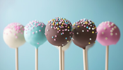 Group of colorful cake pops with sprinkles on sticks. Sweet dessert treats in pink blue white chocolate frosting. Confectionery for