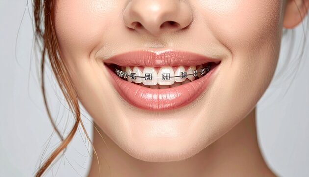 Half-face close-up of a smiling young woman with metal braces, photographed in studio lighting to showcase modern orthodontic treatment, healthy teeth alignment, and confident dental care.