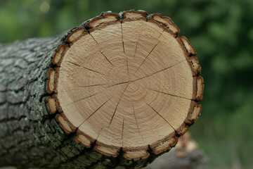 Close-up of a freshly cut tree trunk showing growth rings and bark texture