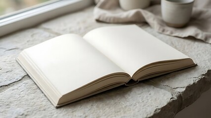 Open blank book on stone windowsill with cups and cloth white pages