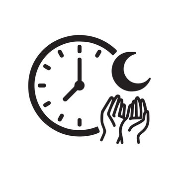 Black-and-white icon crescent moon, and prayer hands &mdash; symbolizing evening worship time.