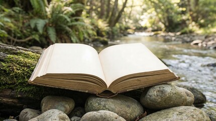 Open book on rocks by stream with mossy log and ferns water