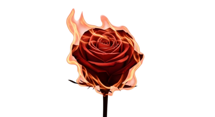 Fiery Red Rose Ablaze with Intense Flames on a White Background