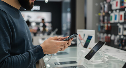 Close-up of Customer Hands Holding and Testing a Smartphone in a Modern Tech Store