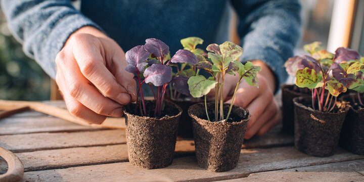 A father and child joyfully plant unique seedlings in small pots together in the garden - Powered by Adobe