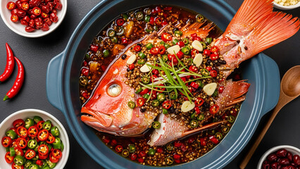 Delicious Steamed Fish Dish with Spicy Chili and Aromatic Spices in a Cooking Pot