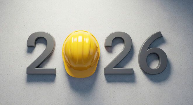 2026 New Year text with yellow construction safety helmet in the middle on lightly textured concrete background, development and future building theme