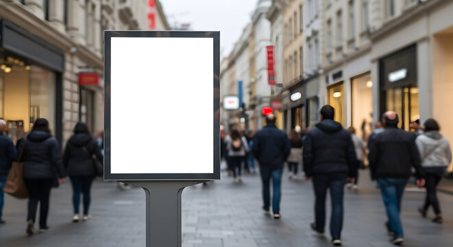 Vertical Blank Poster Mockup on Busy Pedestrian City Street with Blurred People Background