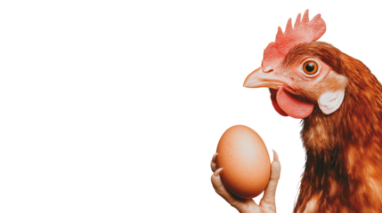 Chicken holding an egg with a neutral expression on white background  