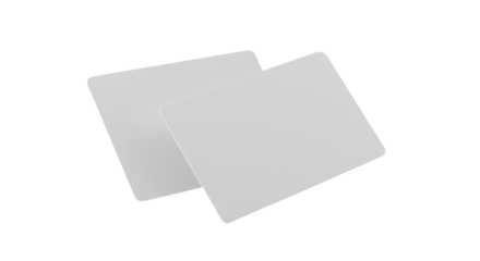 Two identical blank white plastic credit cards floating mid-air on a transparent background with soft shadows. Concept for financial technology mockup