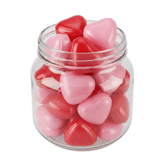 Glass Jar Filled With Heart Candies contains glossy red pink sweets. Transparent container displays colorful romantic treats for special occasions. Isolated on transparent background, png.