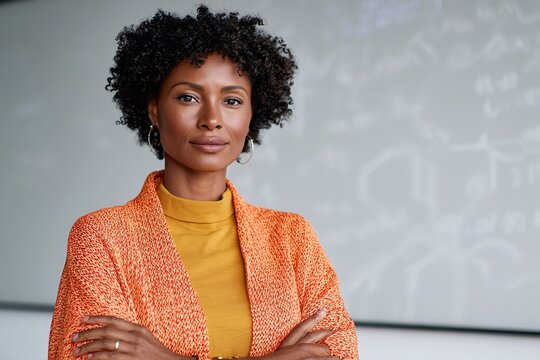 A confident Black woman in smart attire stands with arms crossed, ready for career growth