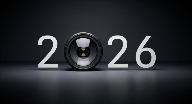 2026 New Year text with realistic camera lens in the middle, and dark studio textured background, creative media concept. photography theme 