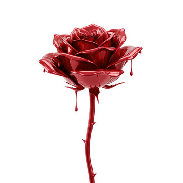 Blood Red Glossy Dripping Rose 3D features shiny metallic flower with thick liquid resembling deep blood dripping from stem and thorns representing intense passion.