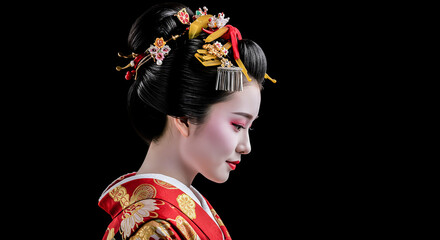 Striking studio portrait of a Japanese Maiko or Geisha in traditional red kimono and makeup, featuring elaborate kanzashi, isolated on black.