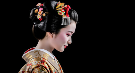 Traditional Japanese Maiko Portrait against Black Background.