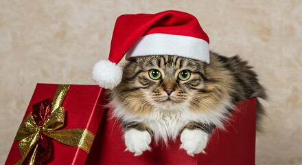 Cute fluffy tabby cat wearing a Santa hat peeking out of a sparkling red Christmas gift box for the holidays.