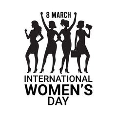 Black Color 8 March Celebration Inspirational Women Silhouette Vector Illustration, Solid White Background.