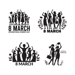 Black Color 8 March Celebration Inspirational Women Silhouette Vector Illustration, Solid White Background.