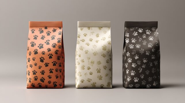 Colorful Pet Food Packaging With Paw Print Designs Displayed on a Neutral Background