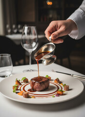 a chef in a white shirt pouring sauce over a perfectly cooked steak on a white plate