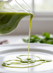 A close-up photograph of a glass pitcher pouring vibrant green spirulina smoothie onto a white plate, with a blurred green leafy background