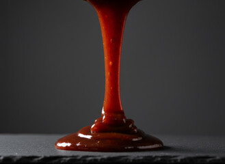 A close-up photograph of a red sauce, possibly BBQ sauce, dripping from a spoon onto a dark surface