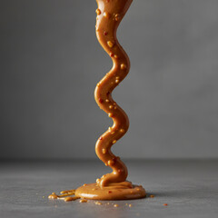 A close-up photograph of a spiral of thick, glossy, caramel-colored sauce with red pepper flakes