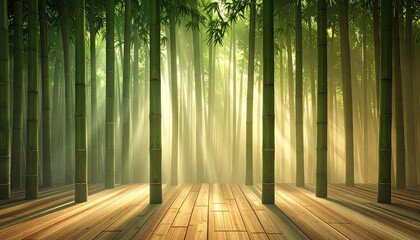 Sunlight Streams Through Tall Green Bamboo Stalks Creating Rays of Light on a Wooden Path in an Enchanted Forest