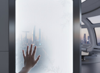A photograph of a futuristic cityscape through a foggy window